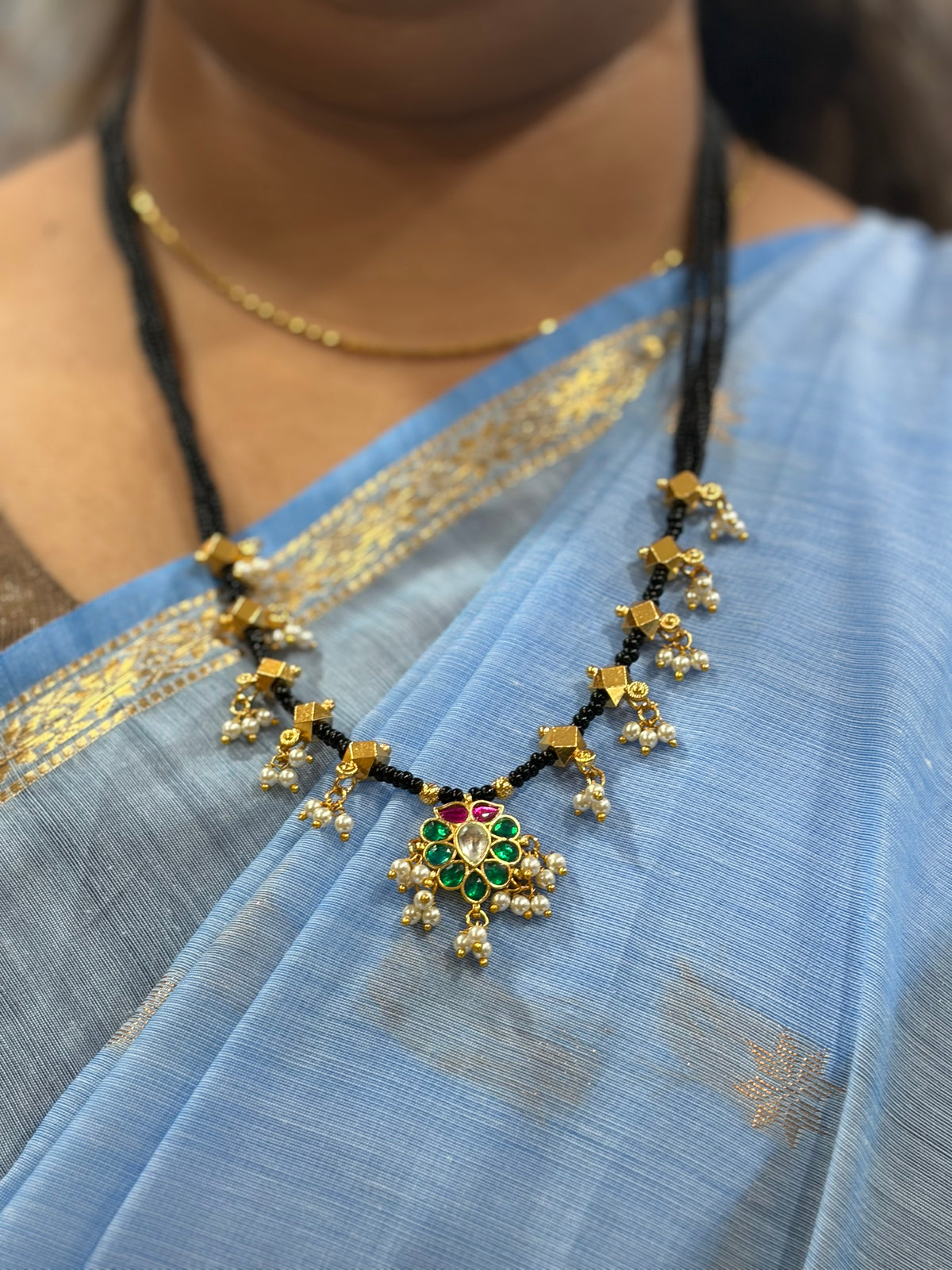 Green Stone Floral Black Beads Mangalsutra with Pearl Drops