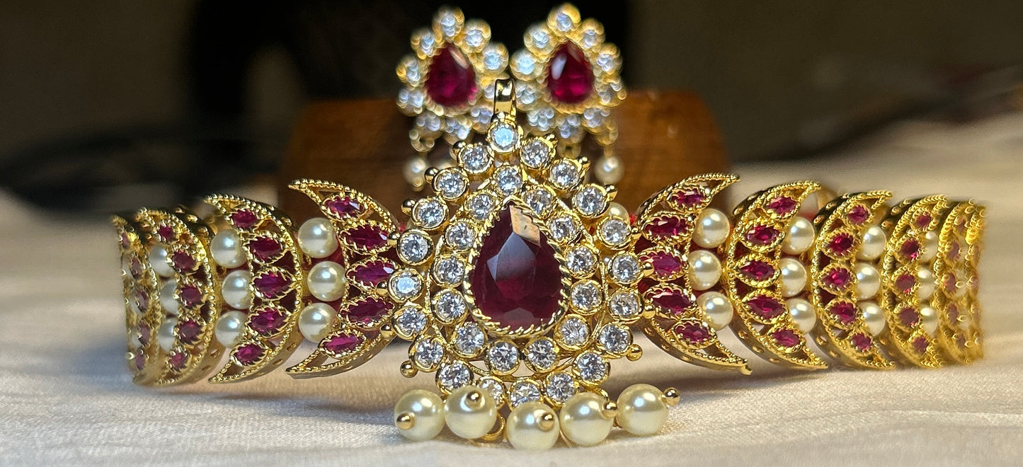 Ruby & Pearl Studded Traditional Choker Set – 1 Gram Gold Finish
