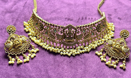 Antique Lakshmi Temple Choker Set with Pearl Drops