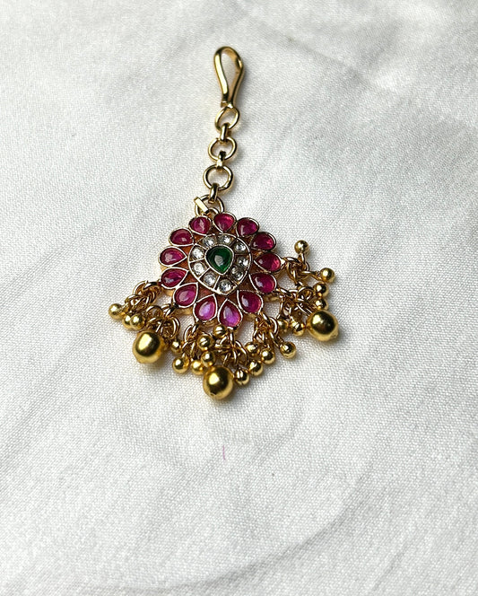 Mini Floral Kundan Maang Tikka with Golden Ghungroos