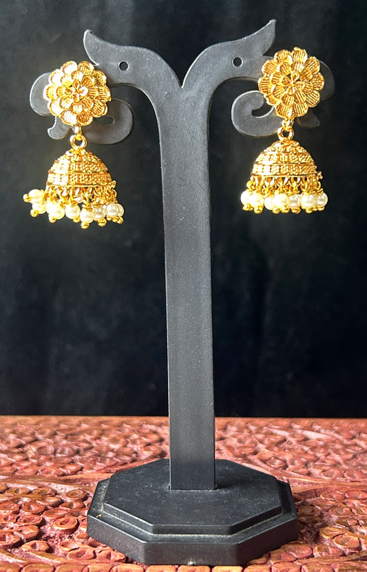 Floral Stud Jhumkas with Pearl Drops