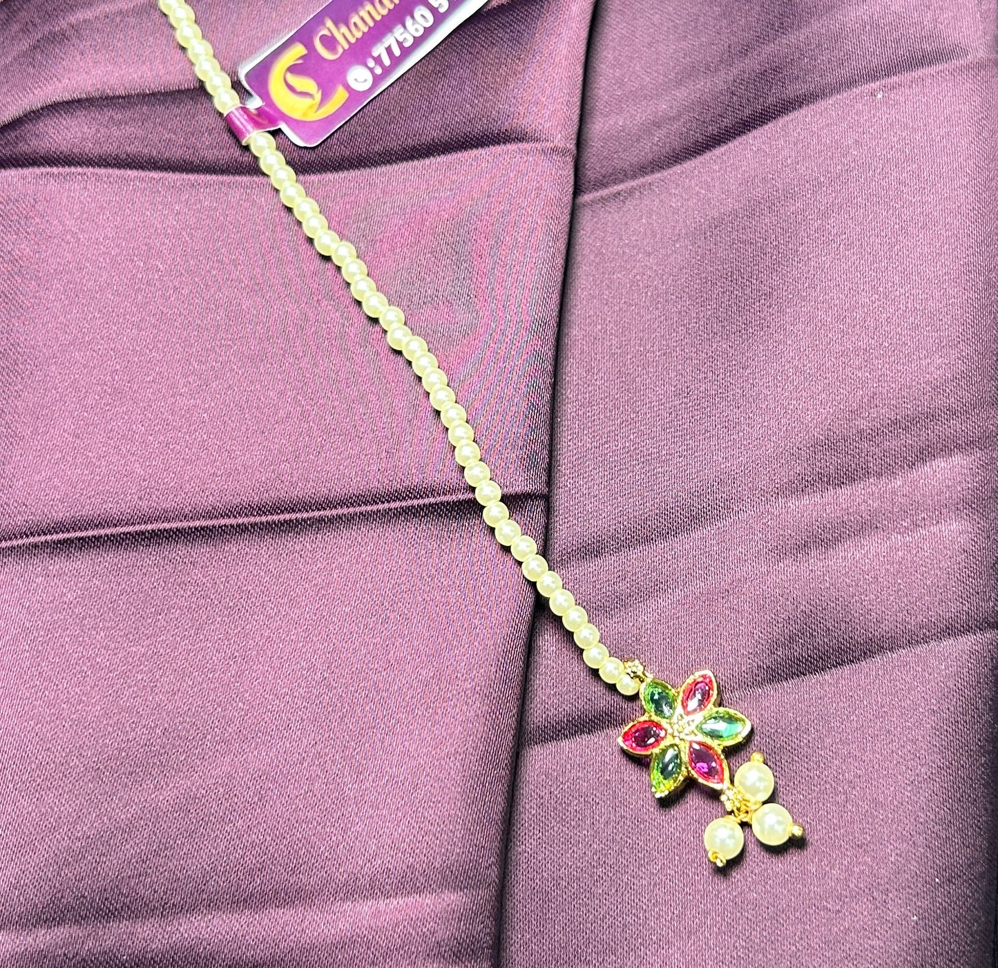 Floral Pearl Chain Maang Tikka with Multicolor Stones