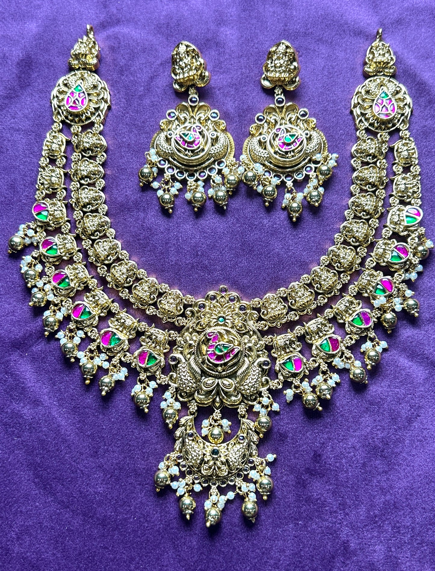 Antique Meenakari Short Temple Necklace Set