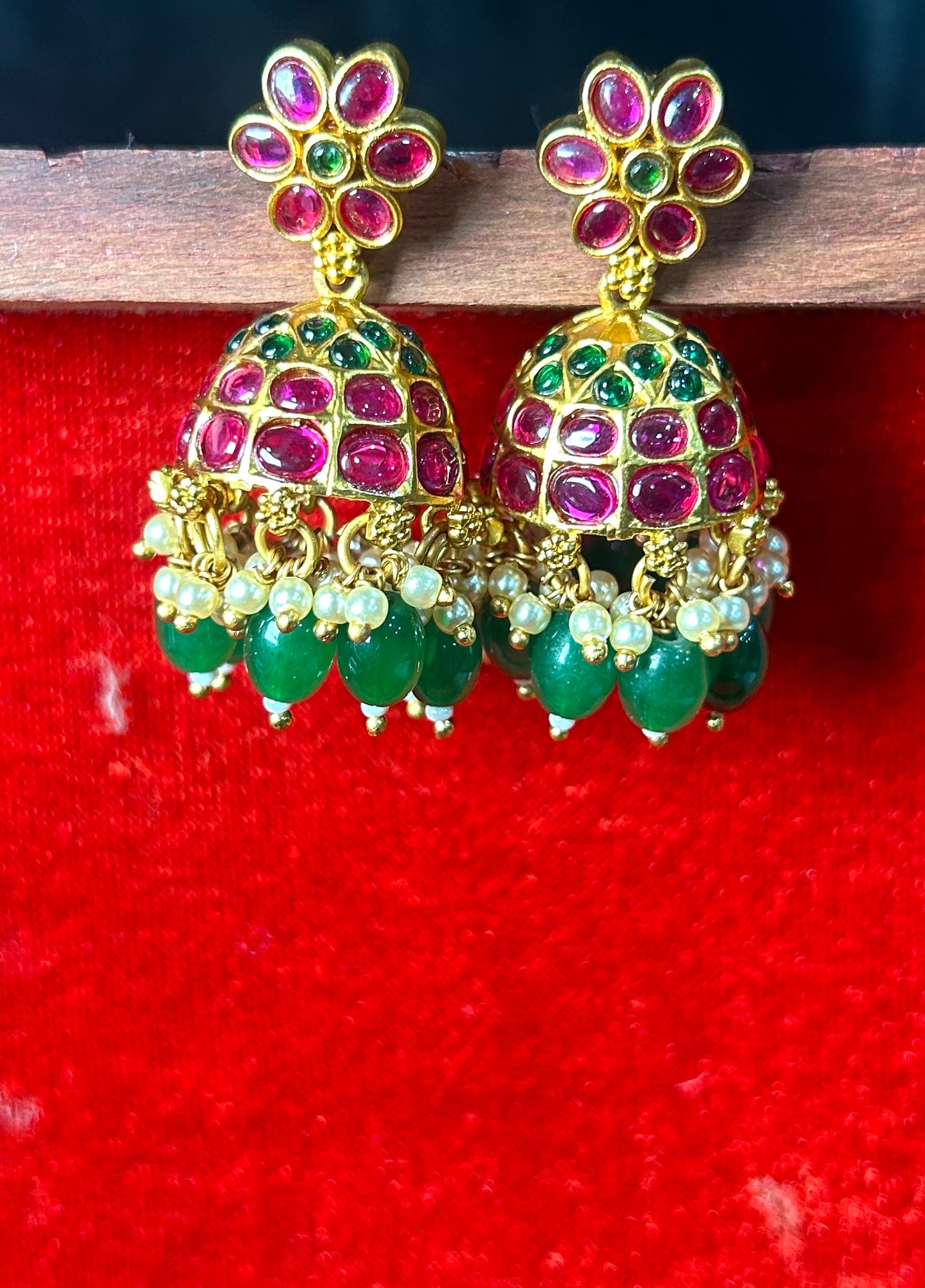 Ruby-Green Kundan Jhumka Earrings