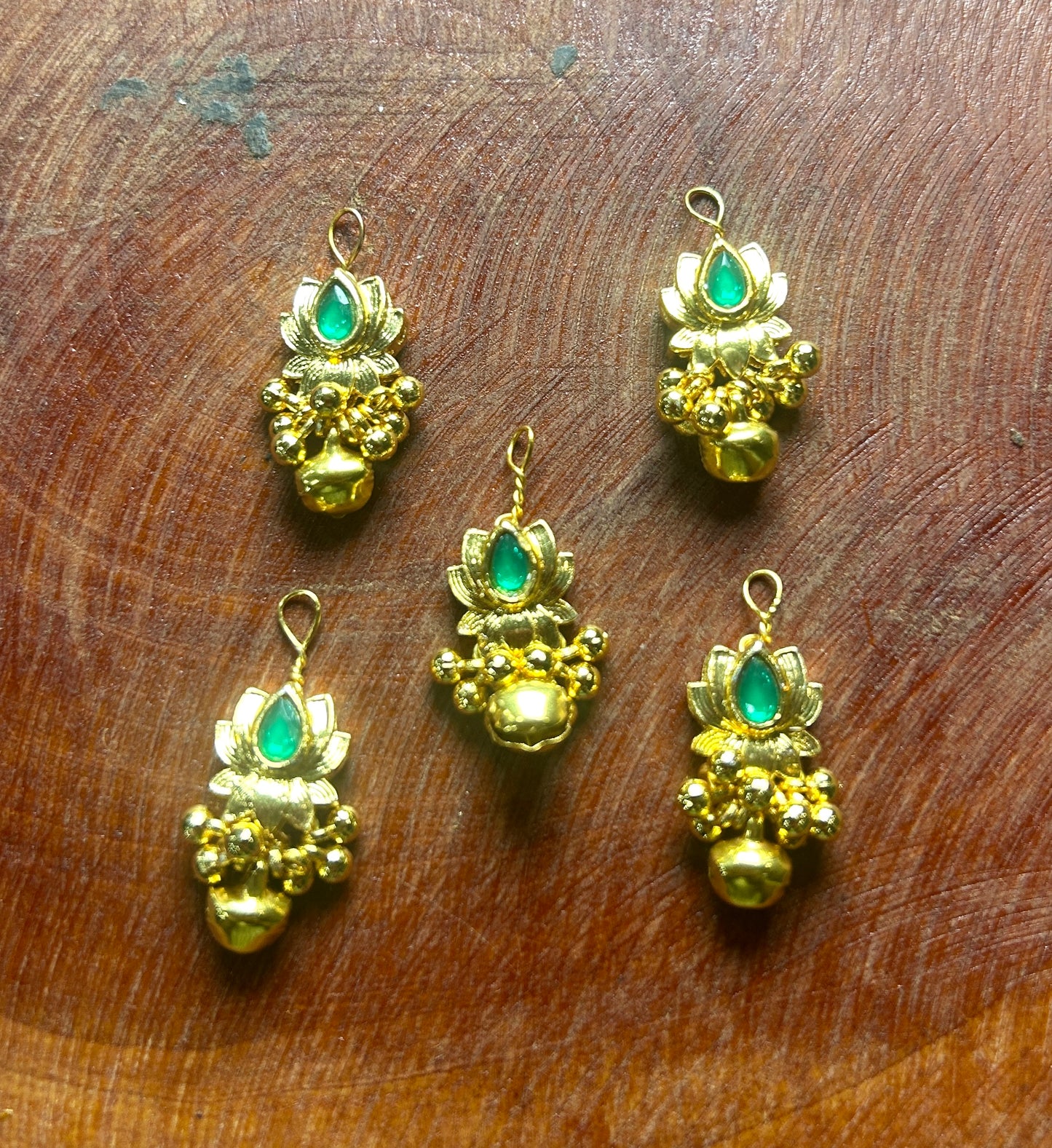 Golden Lotus Hair Accessory with Emerald Green Stone & Ghungroo