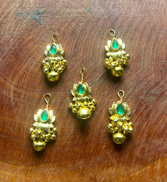 Golden Lotus Hair Accessory with Emerald Green Stone & Ghungroo