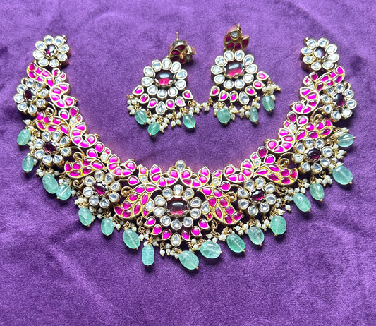 Royal Kundan & Enamel Choker Necklace Set in Pink & Green