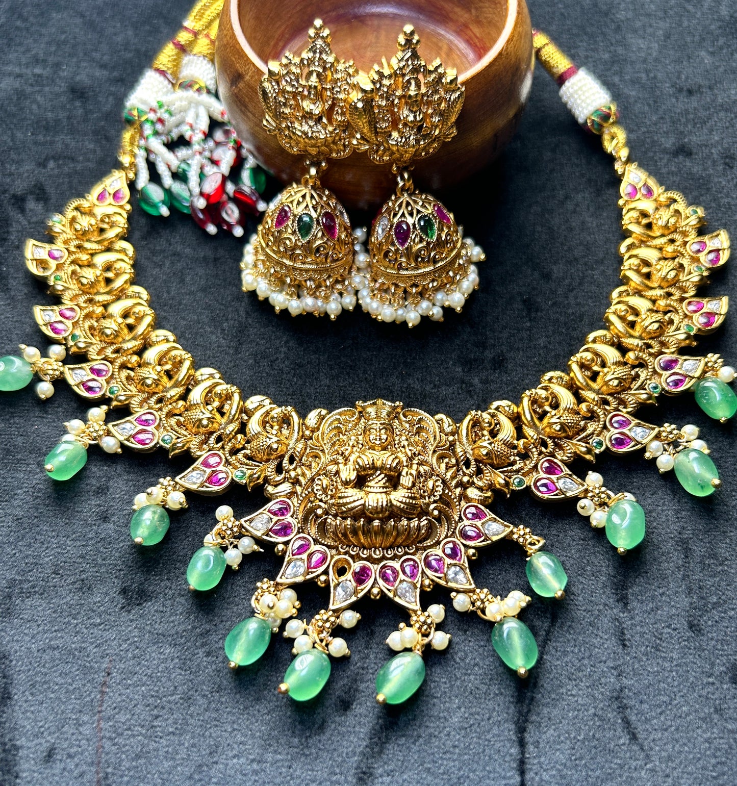 Temple Jewellery Necklace Set – Lakshmi Motif with Kemp & Emerald Drops