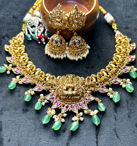Temple Jewellery Necklace Set – Lakshmi Motif with Kemp & Emerald Drops