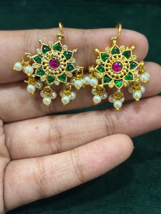 Traditional Green & Pink Stone Bugadi Earrings