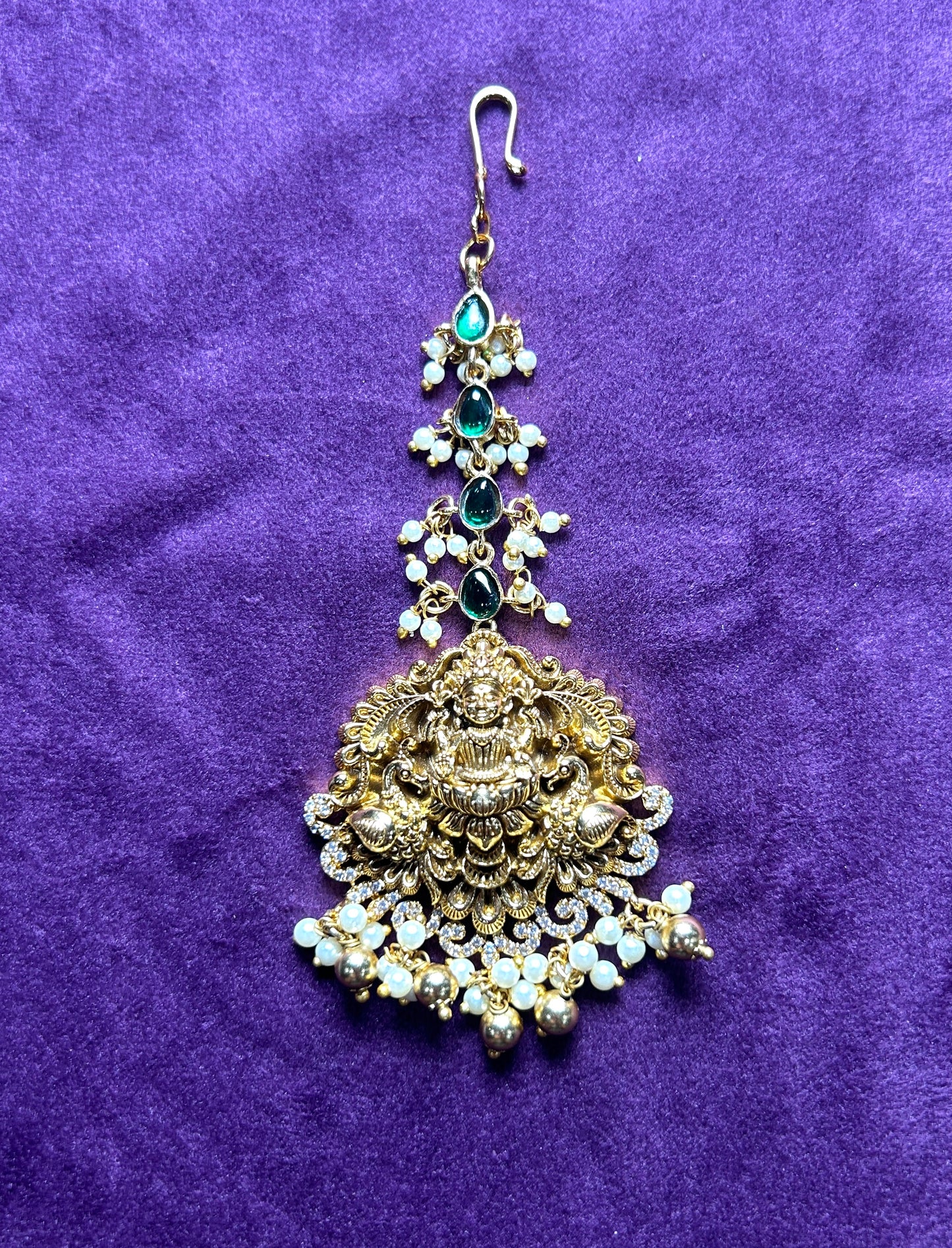 Temple Maang Tikka with Lakshmi Devi Motif & Emerald Accents
