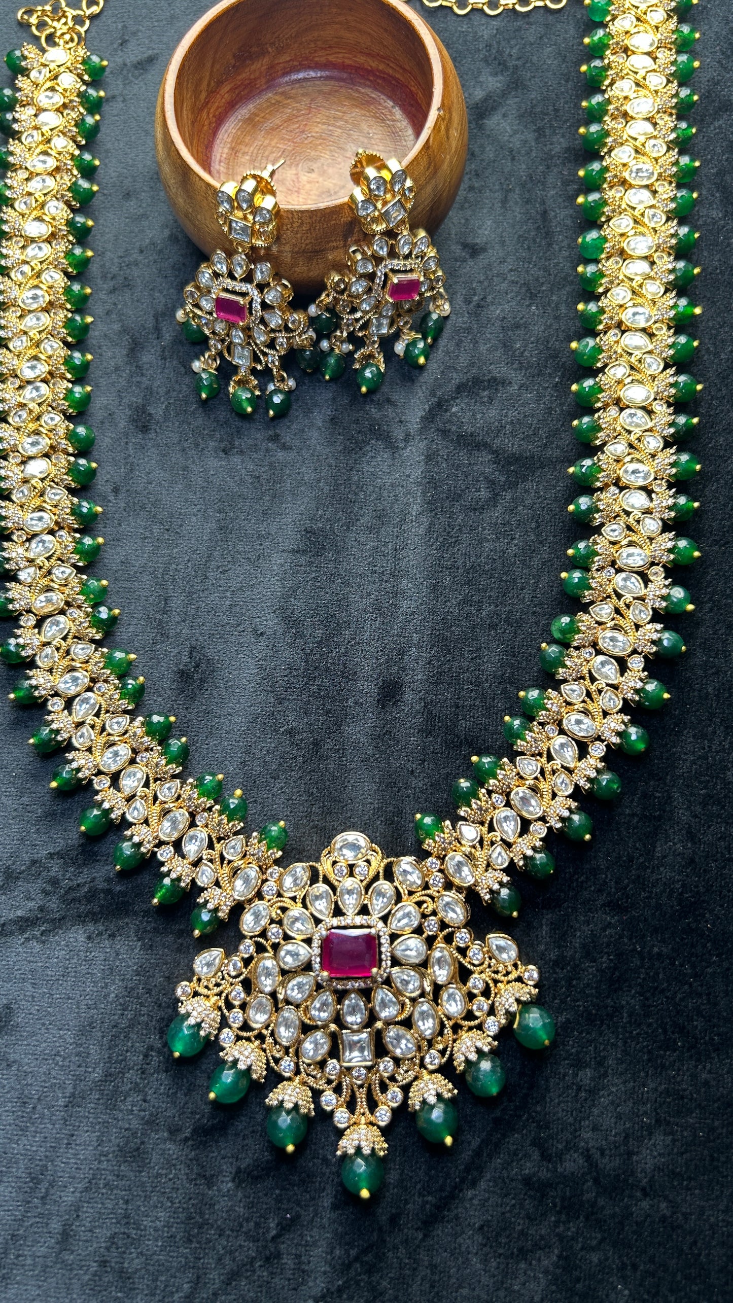 Royal Kundan Bridal Long Necklace Set – Emerald Green & Ruby Red
