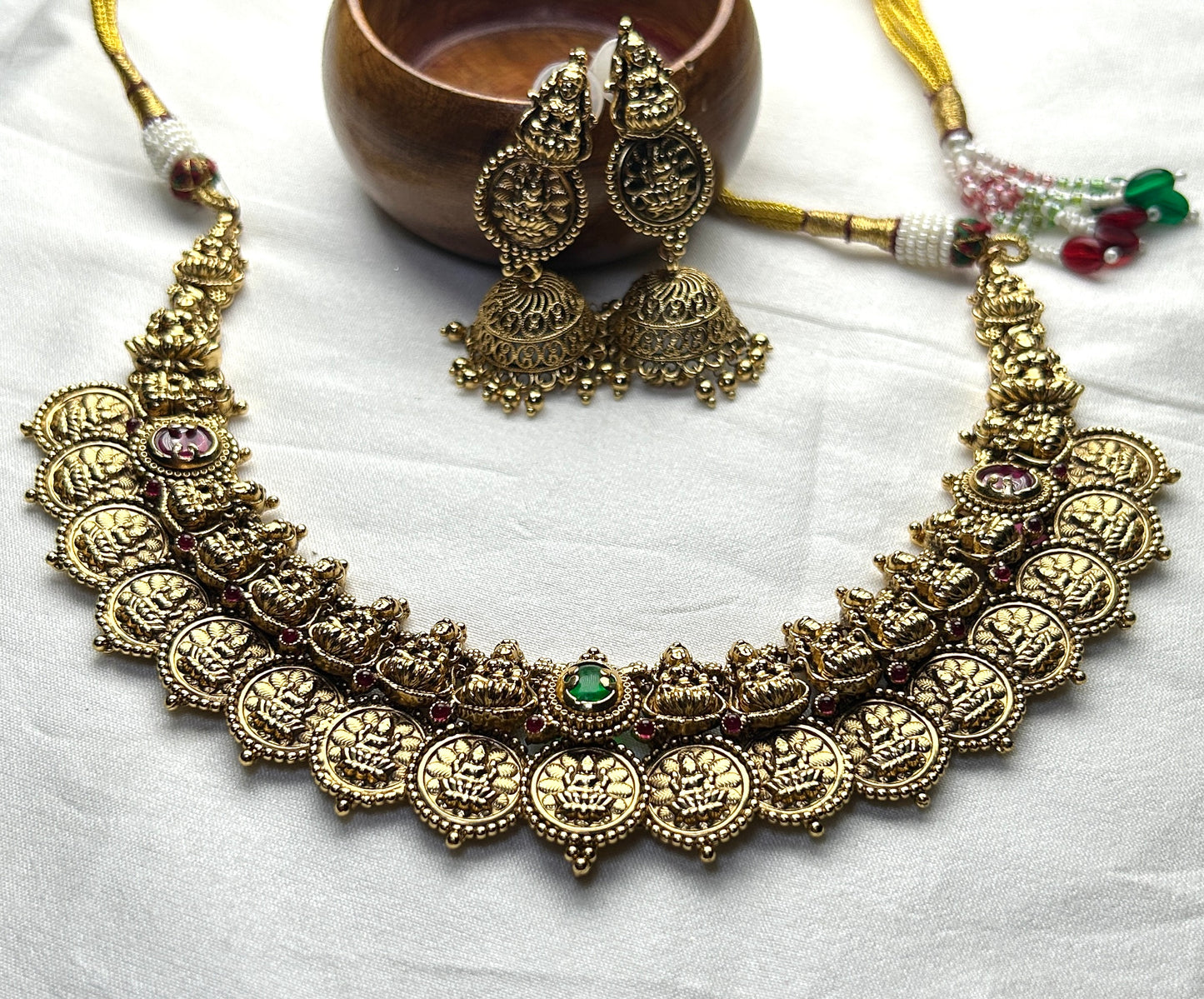 Lakshmi Kasu Mala Necklace Set – With Antique Finish & Temple Jhumkas