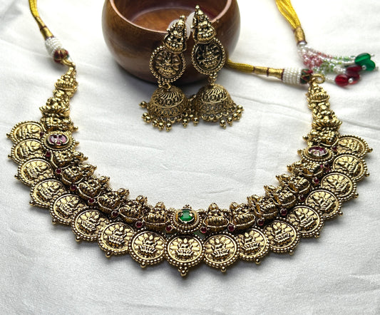 Lakshmi Kasu Mala Necklace Set – With Antique Finish & Temple Jhumkas