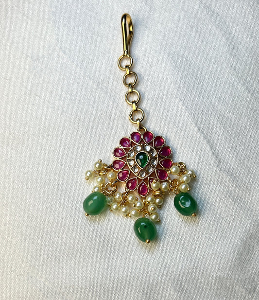 Petite Floral Kundan Maang Tikka with Green Drops