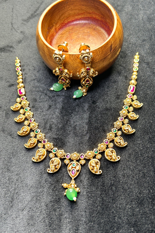 Peacock Paisley Temple Necklace Set – Antique Gold with Green Drops