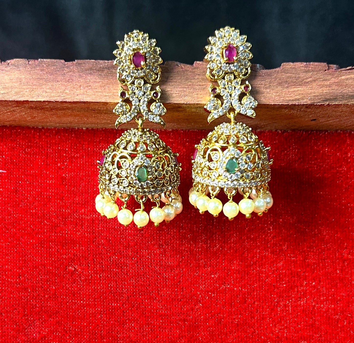 Floral Emerald & Ruby Jhumka Earrings with Pearls