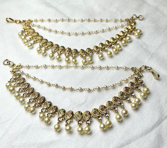 Dual Pearl Drop Kana Chains with Kundan Work