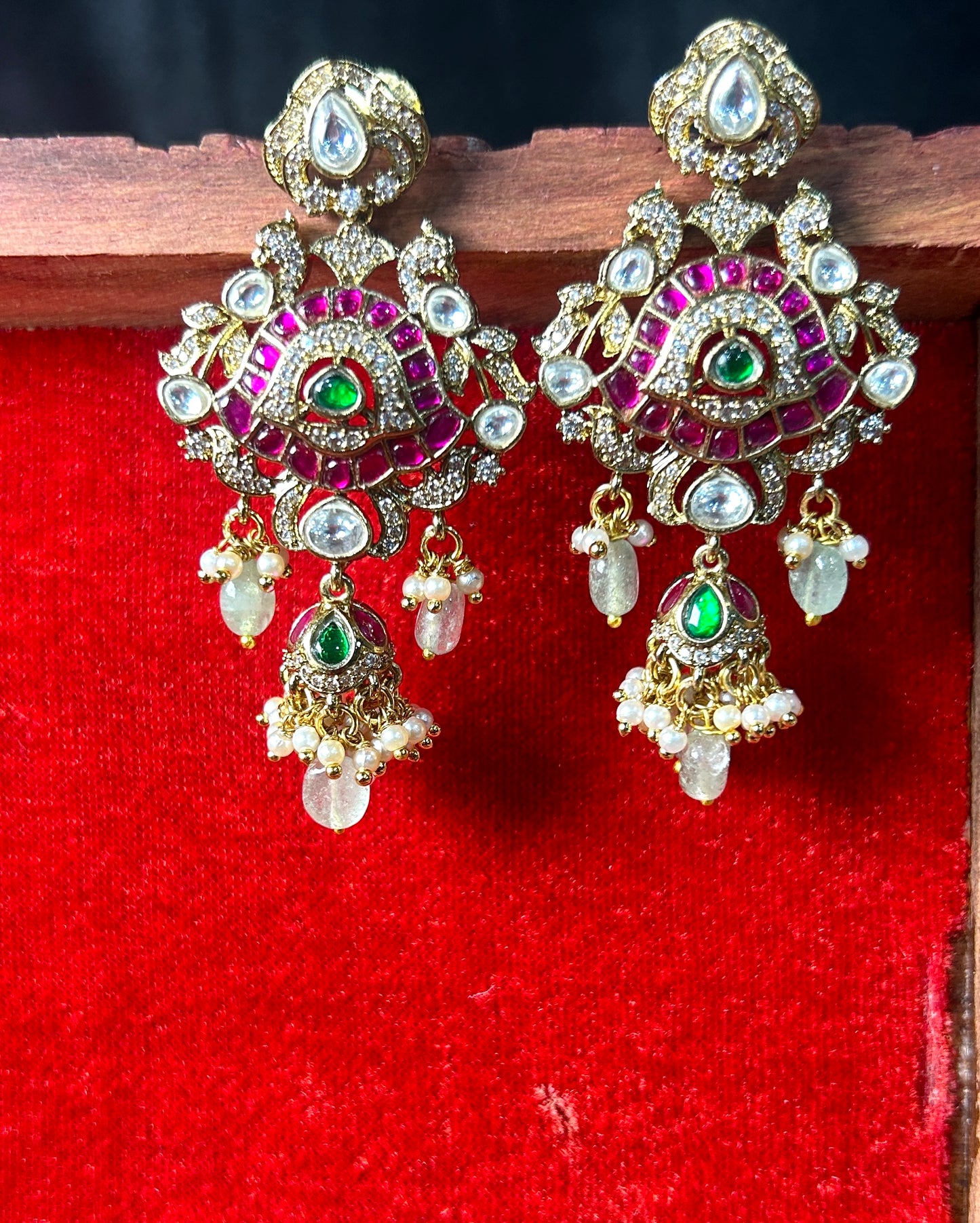 Ruby & Emerald Stone Chandbali Earrings with Pearls