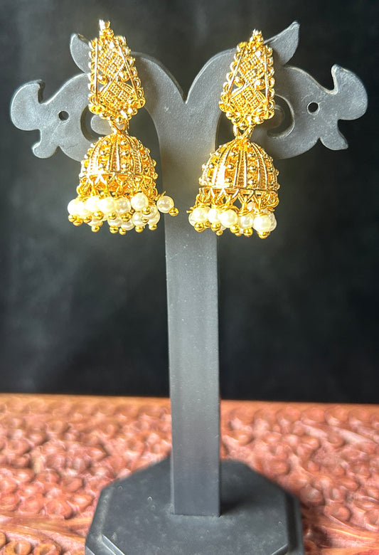 Traditional Gold-Tone Jhumkas with Pearl Drops