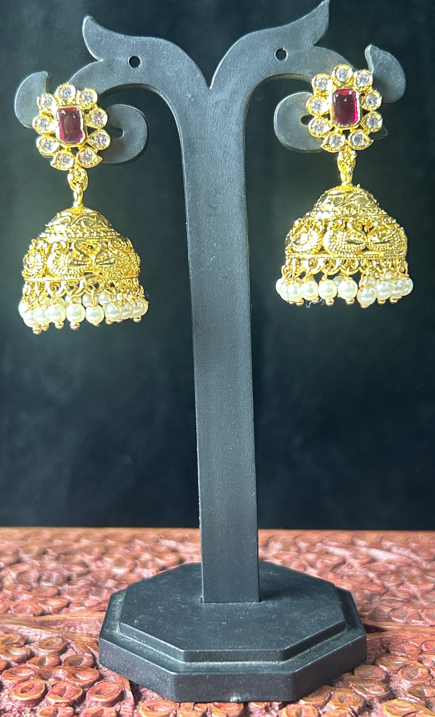 Antique Gold Jhumkas with Ruby Stud & Pearl Drops