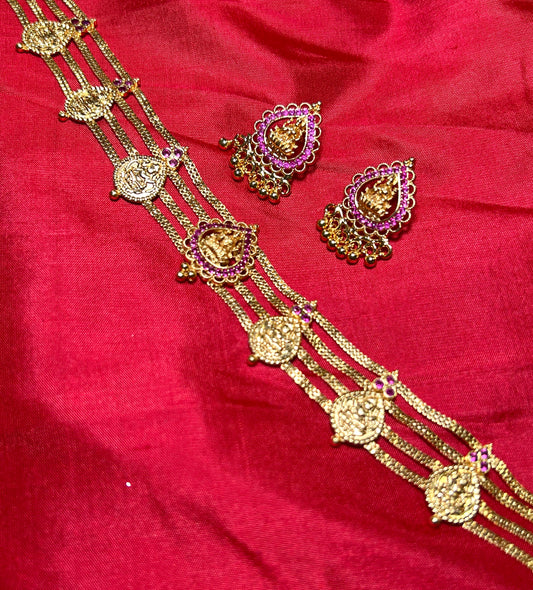 Triple Chain Lakshmi Coin necklace  with Earrings