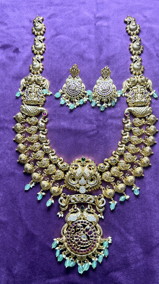 Heritage Lakshmi Temple Long Haar Set with Peacock Motif