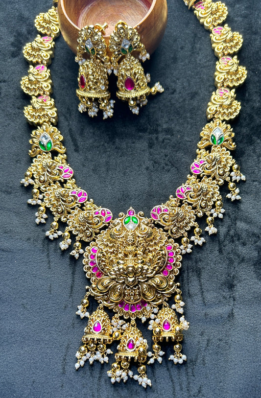 Temple Jhumka Pendant Long Necklace Set
