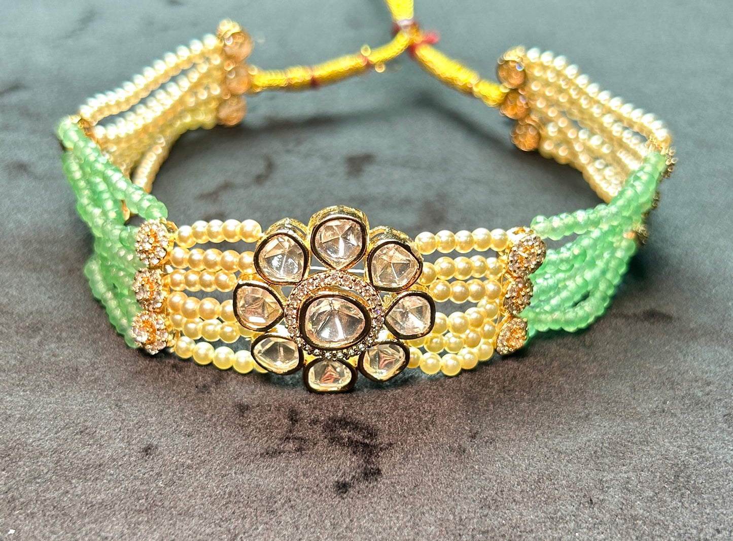 Kundan Floral Choker with Pearl & Green Bead Strands