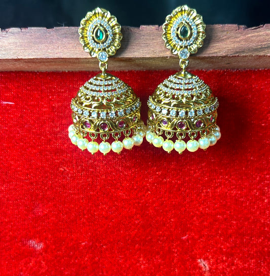 Grand Kundan Pearl Jhumka Earrings