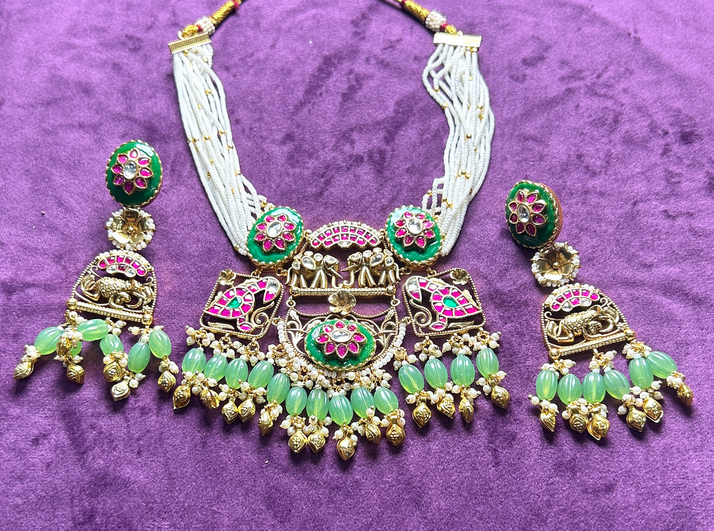 Royal Pachikundan Necklace Set with Elephant Motifs