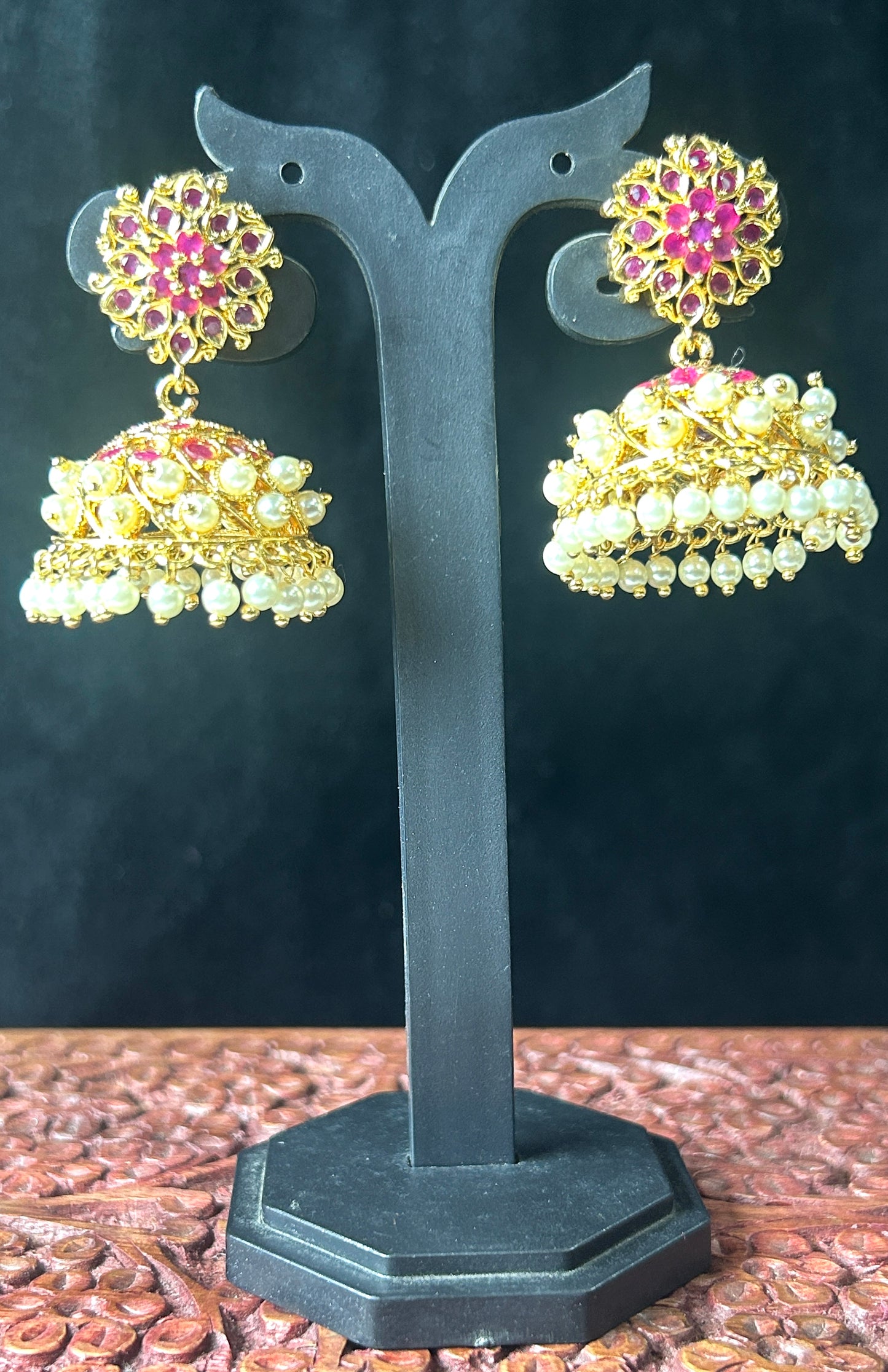 Ruby Floral Jhumkas with Pearl Layers