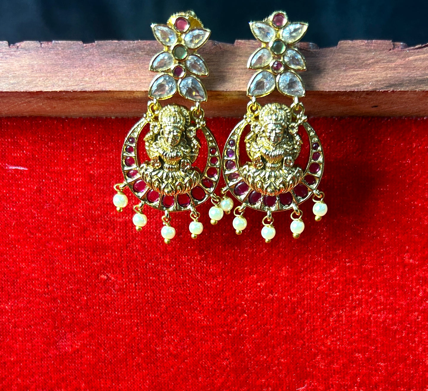 Goddess Lakshmi Chandbali Earrings with Pearls