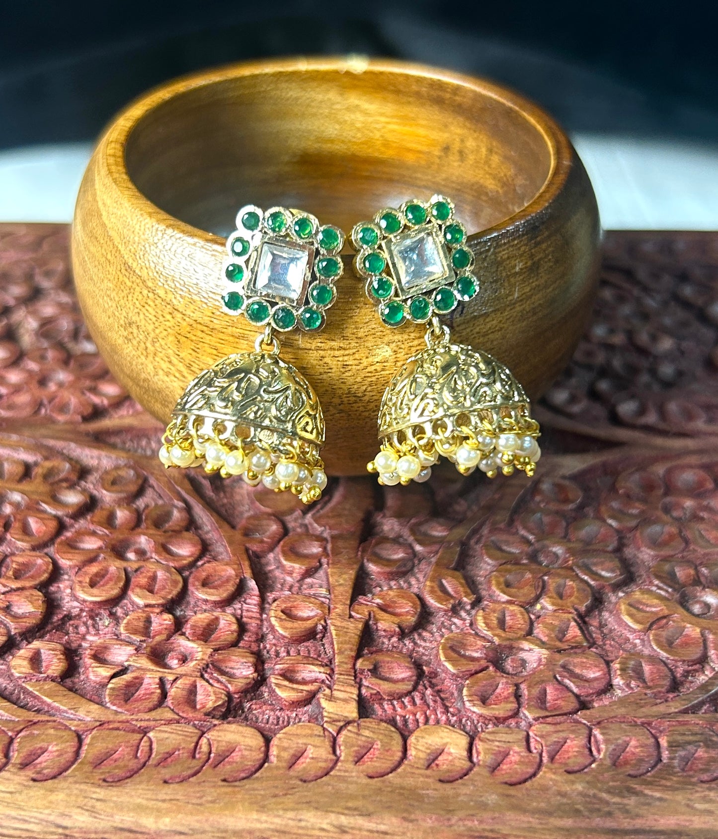 Emerald Kundan Pearl Jhumkas