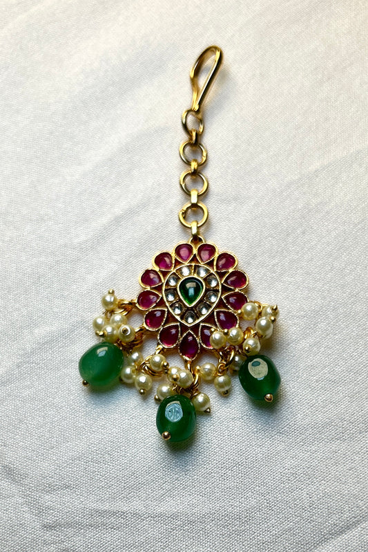 Petite Floral Kundan Maang Tikka with Green Drops