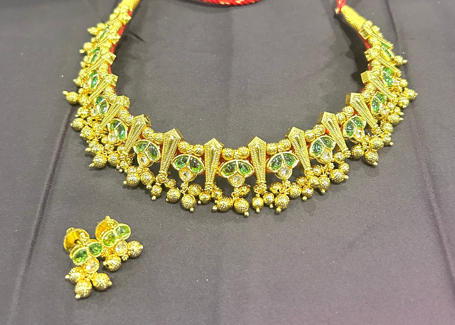 Traditional Green Stone Choker Set with Earrings