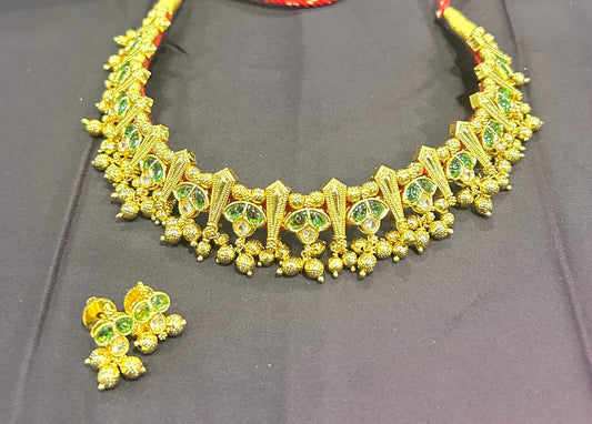 Traditional Green Stone Choker Set with Earrings