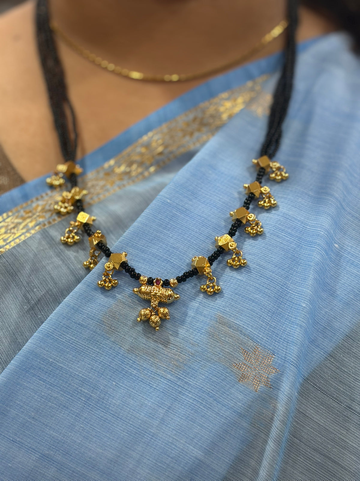 Traditional Gold-Tone Black Beads Mangalsutra with Antique Pendant