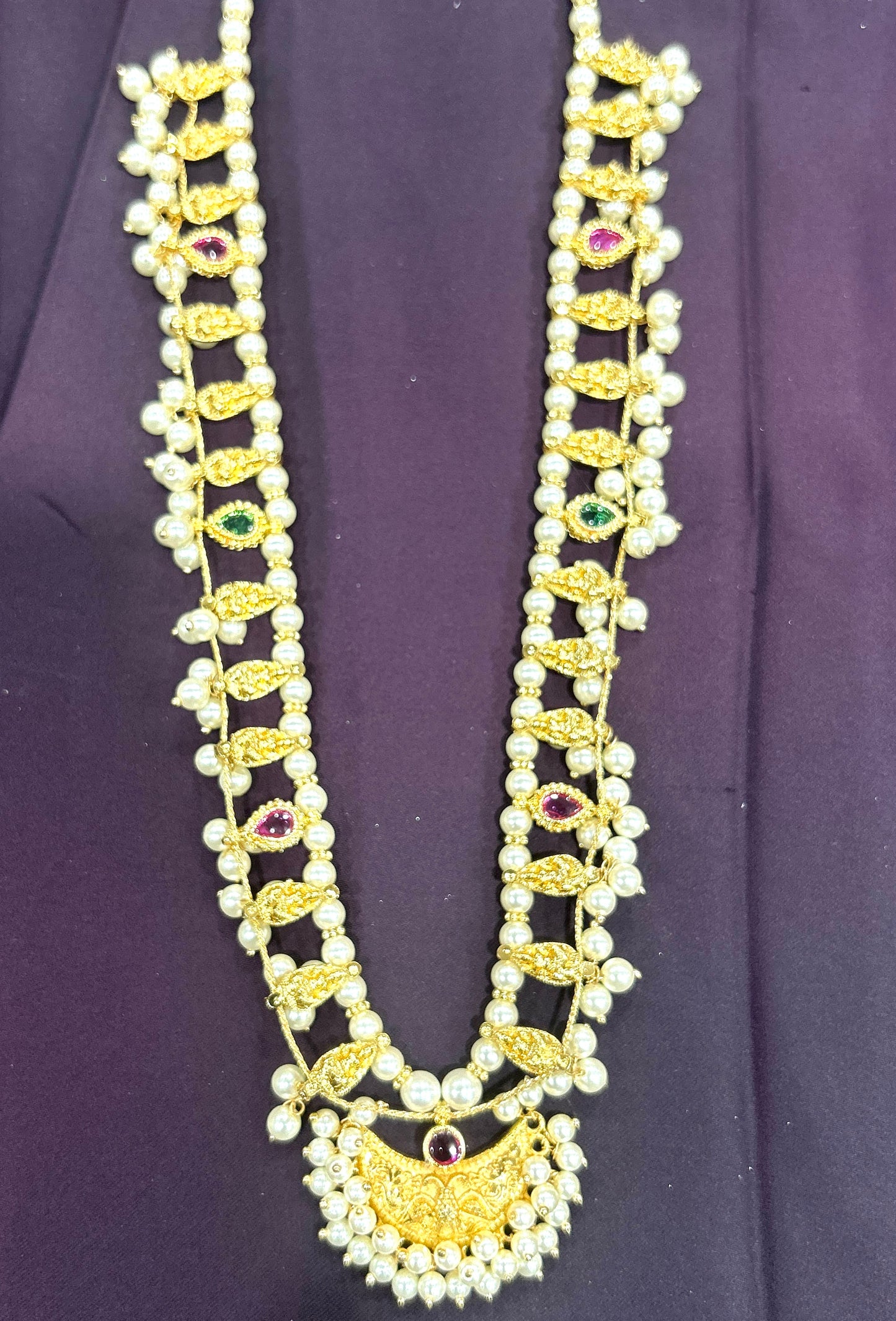 Pearl & Stone Traditional Haar with Half-Moon Pendant