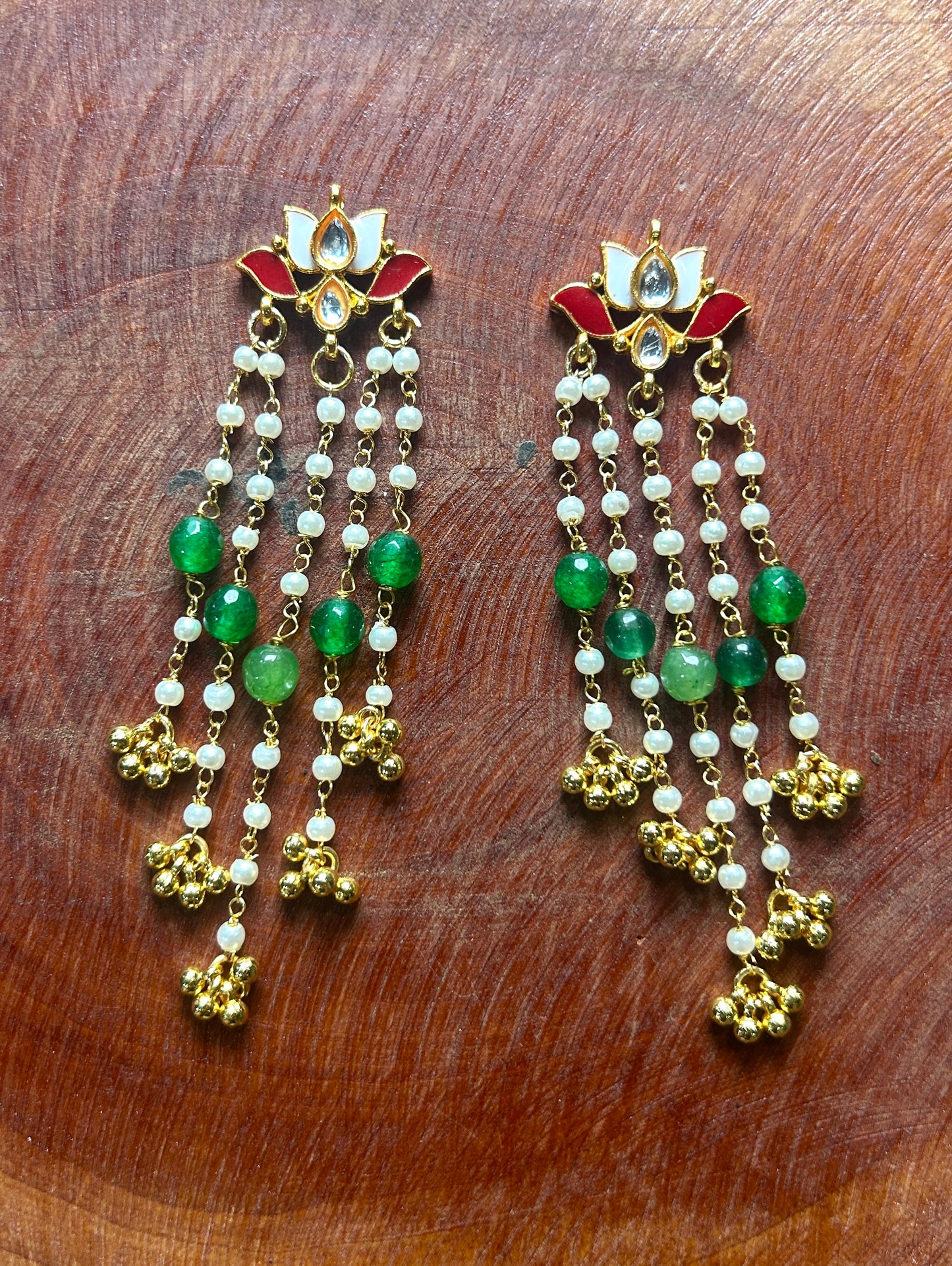 Lotus Long Hair Accessory with Pearl Chains, Green Beads & Ghungroo