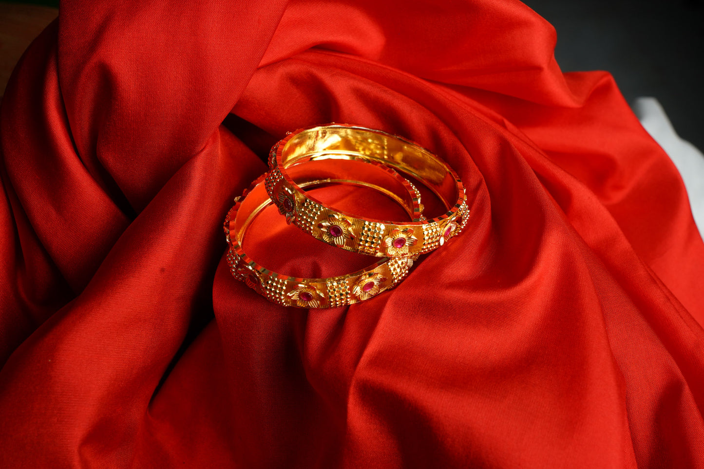 Pink stone floral gold bangles