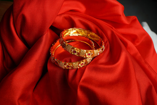 Pink stone floral gold bangles