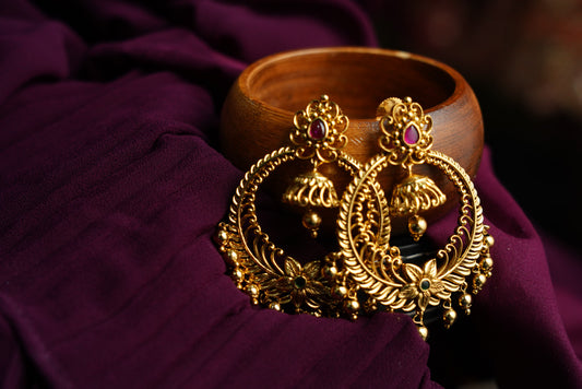 Antique Gold-Plated Hoop Earrings with Floral Motif