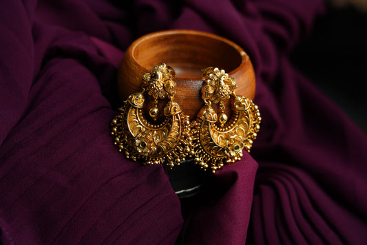 Antique Gold Temple-Inspired Chandbali Earrings