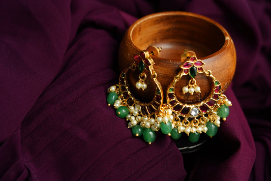 Traditional Kemp Stone Chandbali Earrings with Green Beads