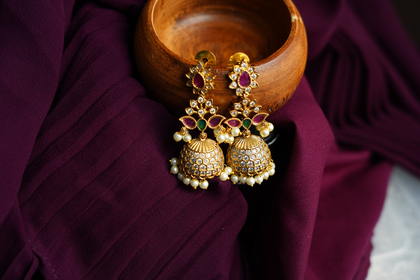 Floral Motif Kemp Jhumka Earrings with Pearl Drops