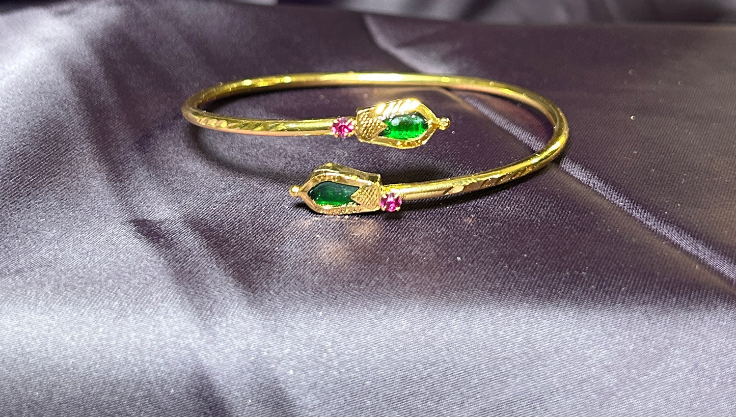 Dual-Head Snake Kada with Green & Red Stone Accents