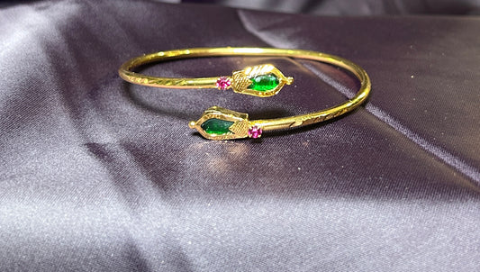 Dual-Head Snake Kada with Green & Red Stone Accents