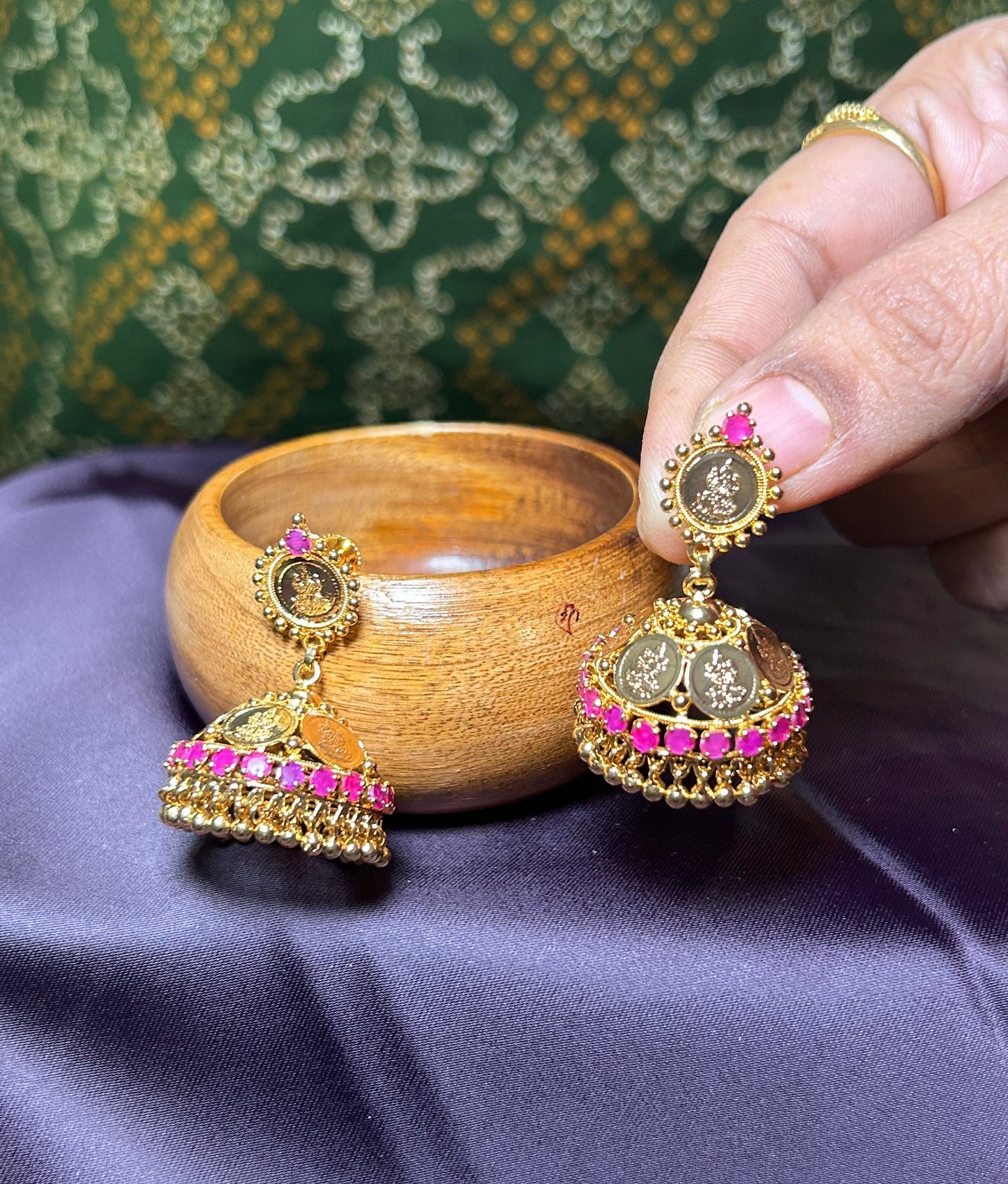 Temple Coin Jhumka Earrings with Pink Stones