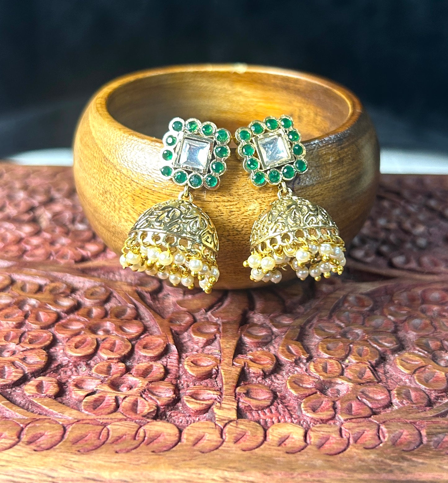 Emerald Kundan Pearl Jhumkas